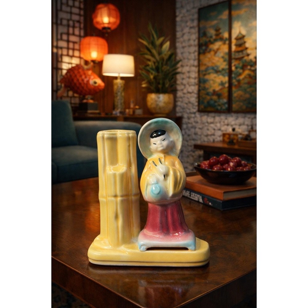 Shawnee‎ Pottery ASIAN FIGURE w/ BAMBOO (luck) VASE #702 Made in USA